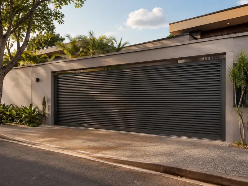 Portão deslizante de aço com trilho instalado em residência de Ribeirão Preto